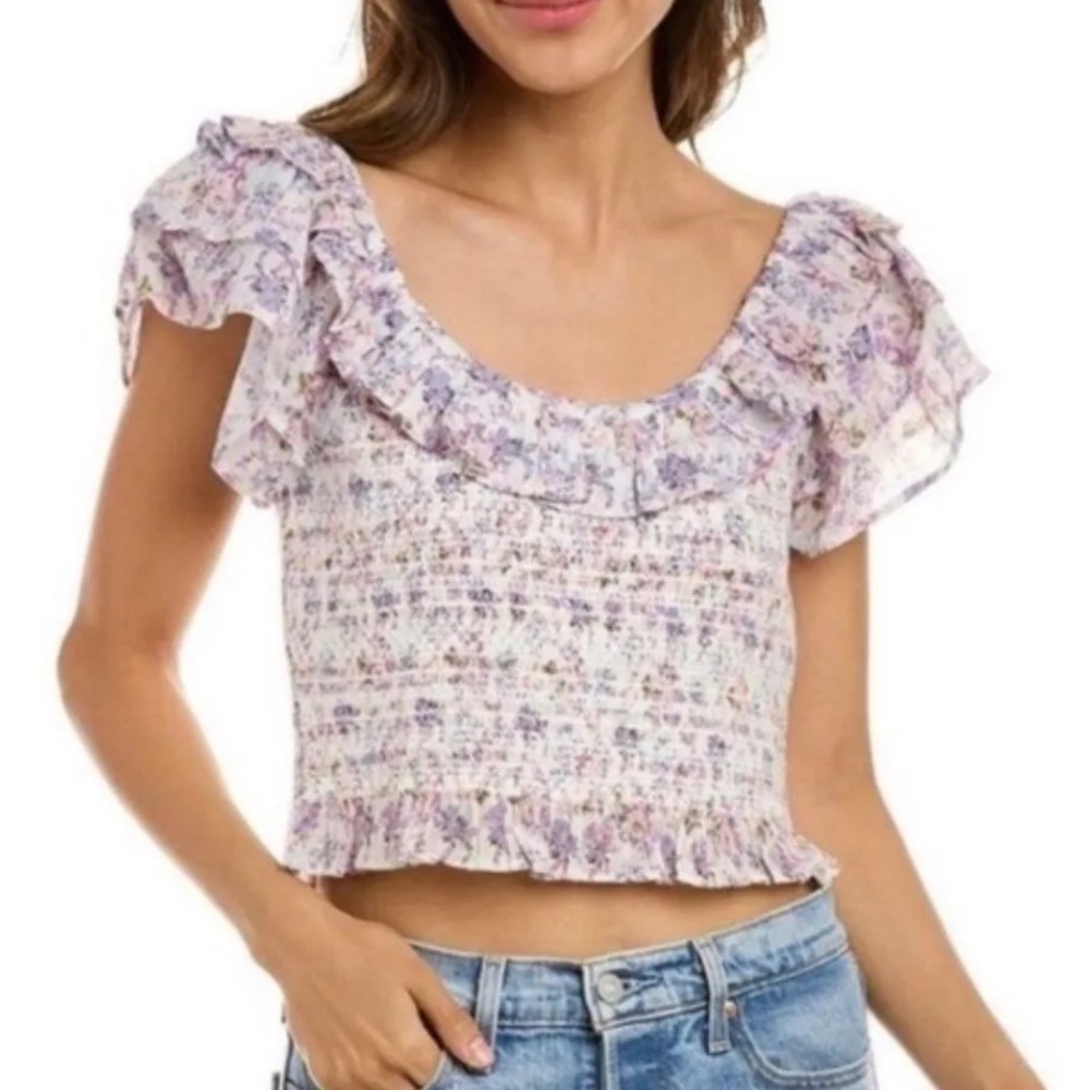 LoveShackFancy Smocked Saba Crop Top Floral Ruffle Blouse White Purple Size XL